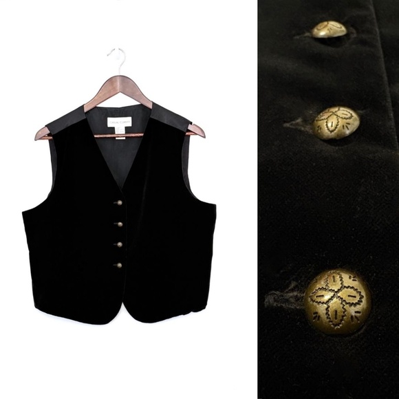 VTG Whimsigoth Black Velvet Vest Aged Brass/Bronze Tone Embossed Buttons Sz 14 - Picture 1 of 4